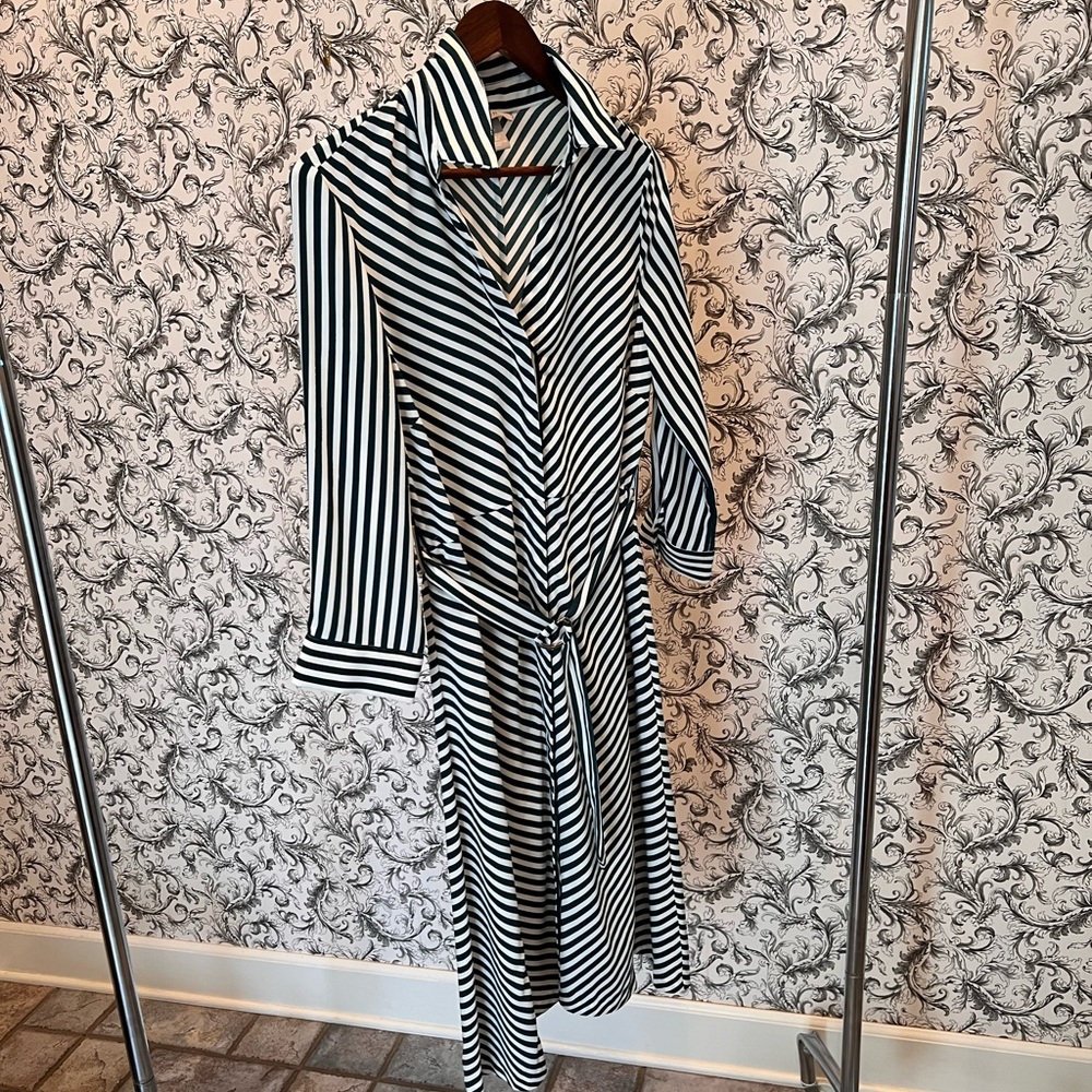 H&M green and white stripe belted dress, size 8